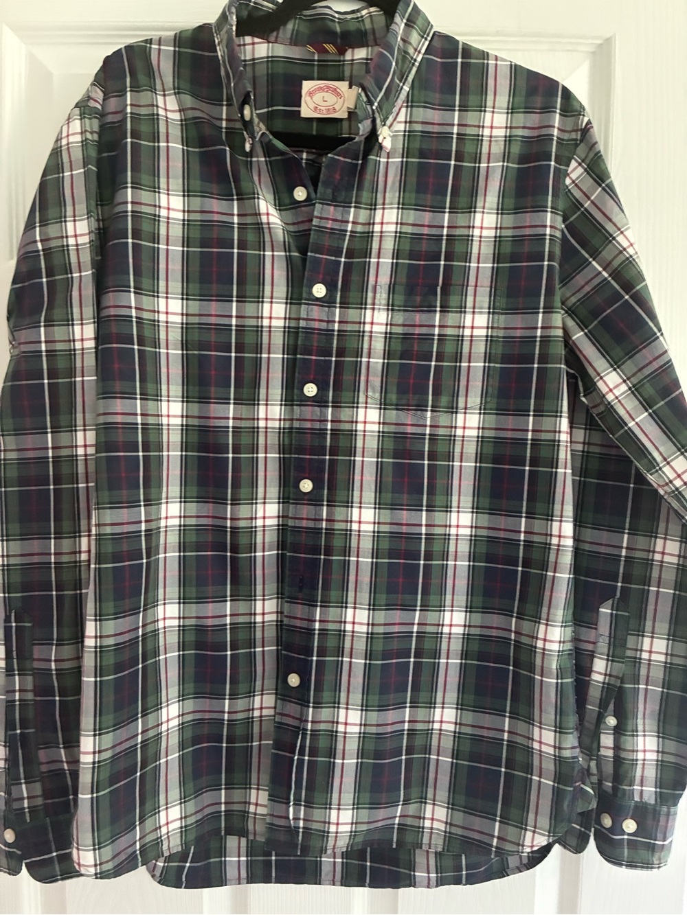 Brooks Brothers- Green Navy Long Sleeve Full Button Down Plaid Shirt- Size Large